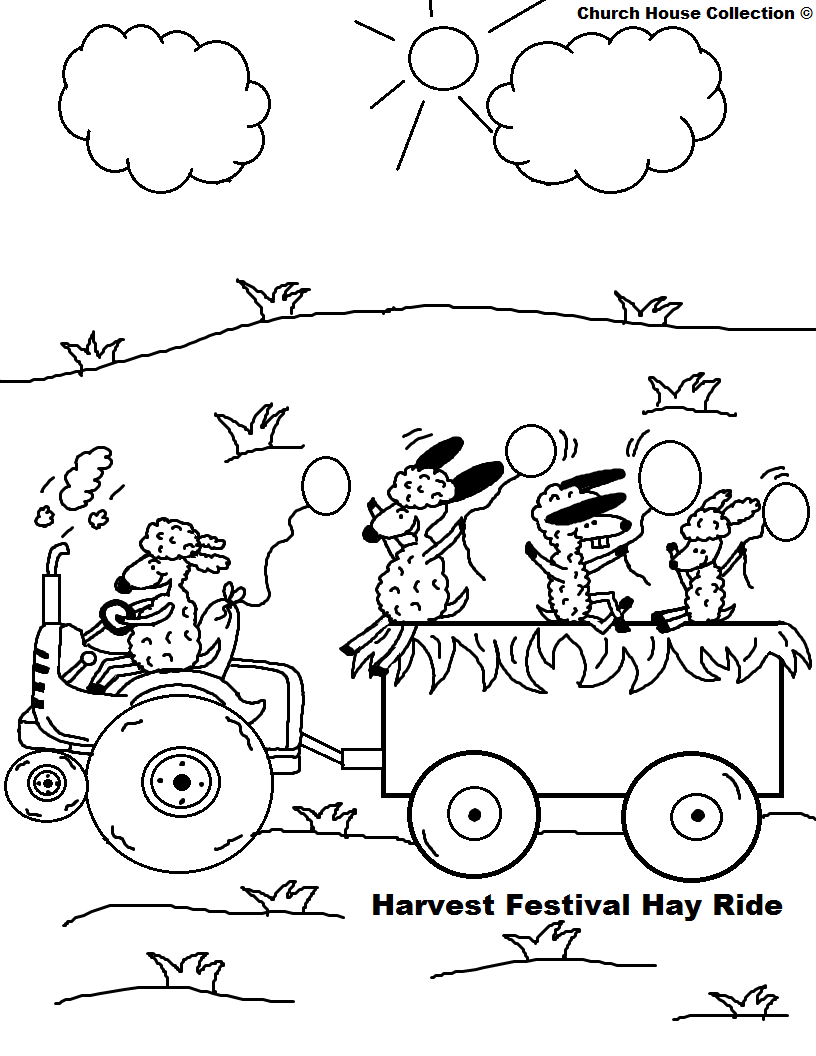 Fall Festival Hay Ride Coloring Page Sheep on Tractor with balloons