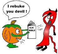 Pumpkin and Devil Sunday School Bible Coloring Pages for preschool kids in Childrens church. Pumpkin Holding a KJV bible saying I rebuke you devil. Fall October Pumpkin devil coloring sheets free printable