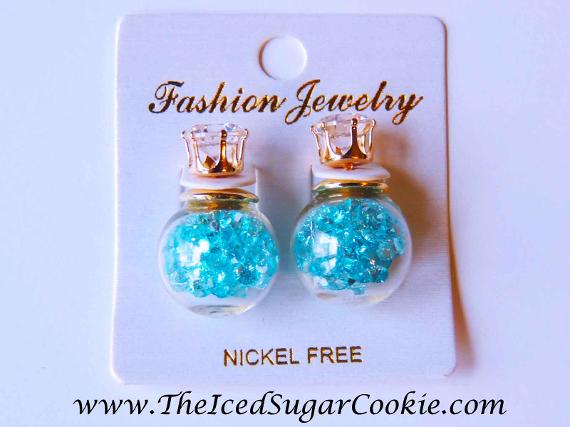 Fashion Jewelry Blue glass ball crystal filled earrings by The Iced Sugar Cookie. www.TheIcedSugarCookie.com Jewelry bracelets Earrings Teens Girls Women