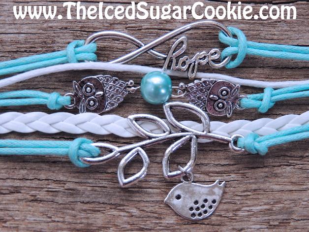 Blue and White Leather Bracelet With Owls, Hope Infinity Sign and Dove by The Iced Sugar Cookie. Jewelry For Girls and Women