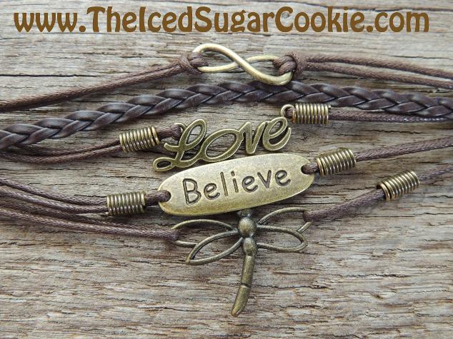 Brown Leather Bracelet Love, Believe, Dragonfly, Infinity Sign by The Iced Sugar Cookie - Jewelry for women and girls