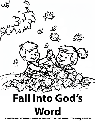 Fall Into God's Word bible Coloring pages by ChurchHouseCollection.com With and Without words Two Kids playing in a pile of leaves