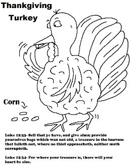 Thanksgiving Turkey Eating Corn Coloring Page Luke 12:33-34 Sunday School