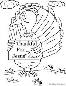 Thanksgiving turkey holding a sign thankful for Jesus coloring page